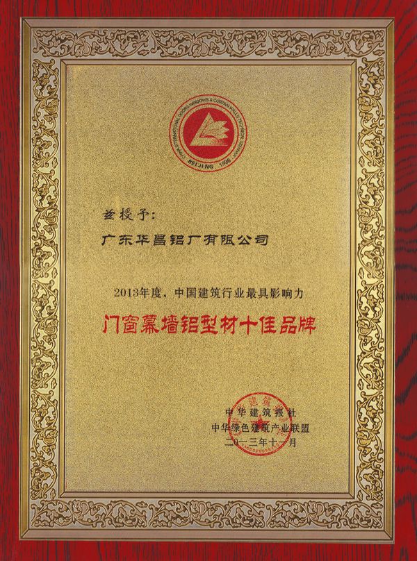 我公司榮獲“門窗幕墻鋁型材十佳品牌”